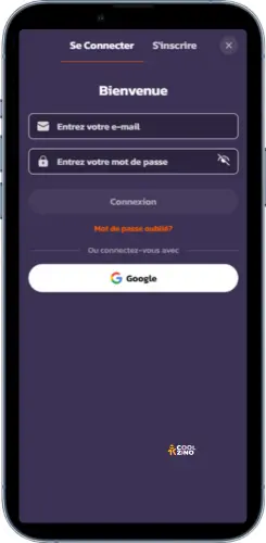 Écran de connexion demandant e-mail et mot de passe après avoir finalisé Coolzino télécharger app