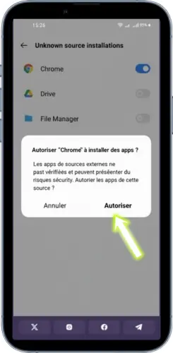 Fenêtre Android demandant l’autorisation d’installer une application externe lors de l’installation de Coolzino app android