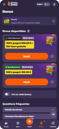 Section bonus de l’application Coolzino affichant les offres actives et les conditions de dépôt