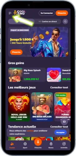 Écran principal de l’application avec accès au menu, utilisé pour télécharger Coolzino depuis un smartphone Android