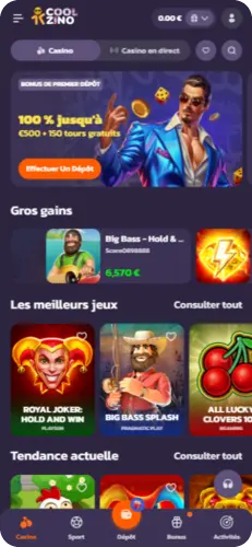 Page d’accueil du casino dans l’application Coolzino avec jeux récents et catégories principales
