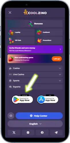 Menu de l’application ouvert avec bouton de téléchargement, permettant de lancer Coolzino télécharger directement depuis le site
