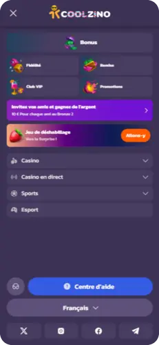 Menu latéral de l’application Coolzino avec accès aux bonus, au casino, aux paris sportifs et à l’assistance