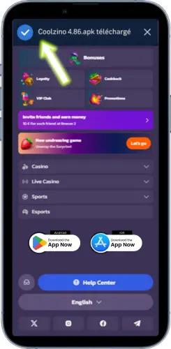 Notification système indiquant que le fichier Coolzino app est correctement téléchargé sur l’appareil