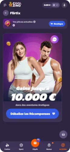 Page promotionnelle dans l’application Coolzino avec informations sur les gains et les offres en cours