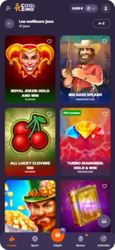 Écran des jeux populaires sur l’application Coolzino avec affichage des machines à sous disponibles