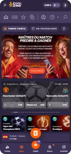 Interface principale de l’application Coolzino avec accès aux matchs en direct et aux sections casino et sport